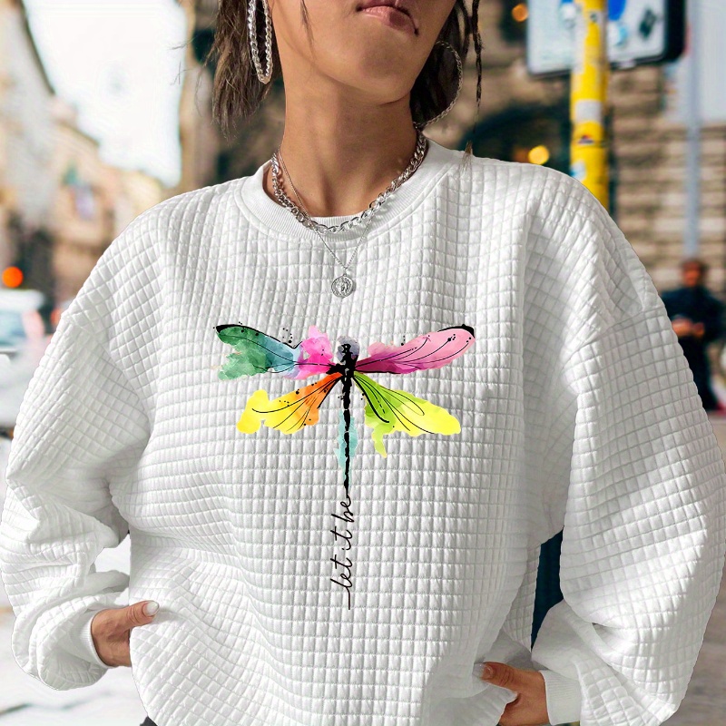 

Dragonfly Print Waffle Sweatshirt, Casual Long Sleeve Crew Neck Sweatshirt, Women's Clothing