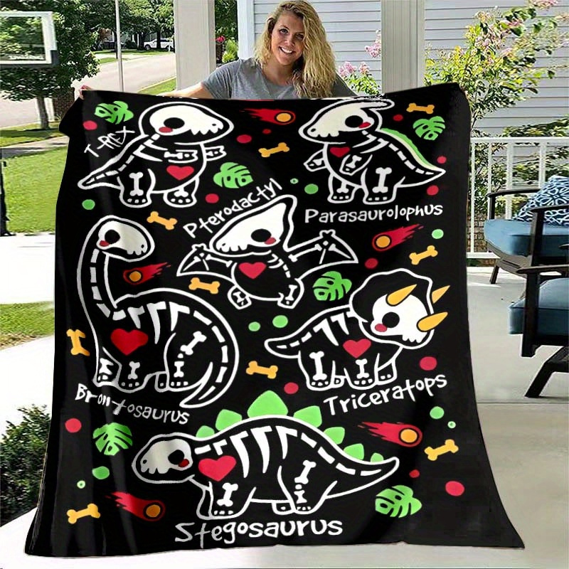 

Cozy Gothic Dinosaur Skeleton & Heart Print Blanket - Soft Polyester, Perfect For All Seasons, Ideal For Office Chair