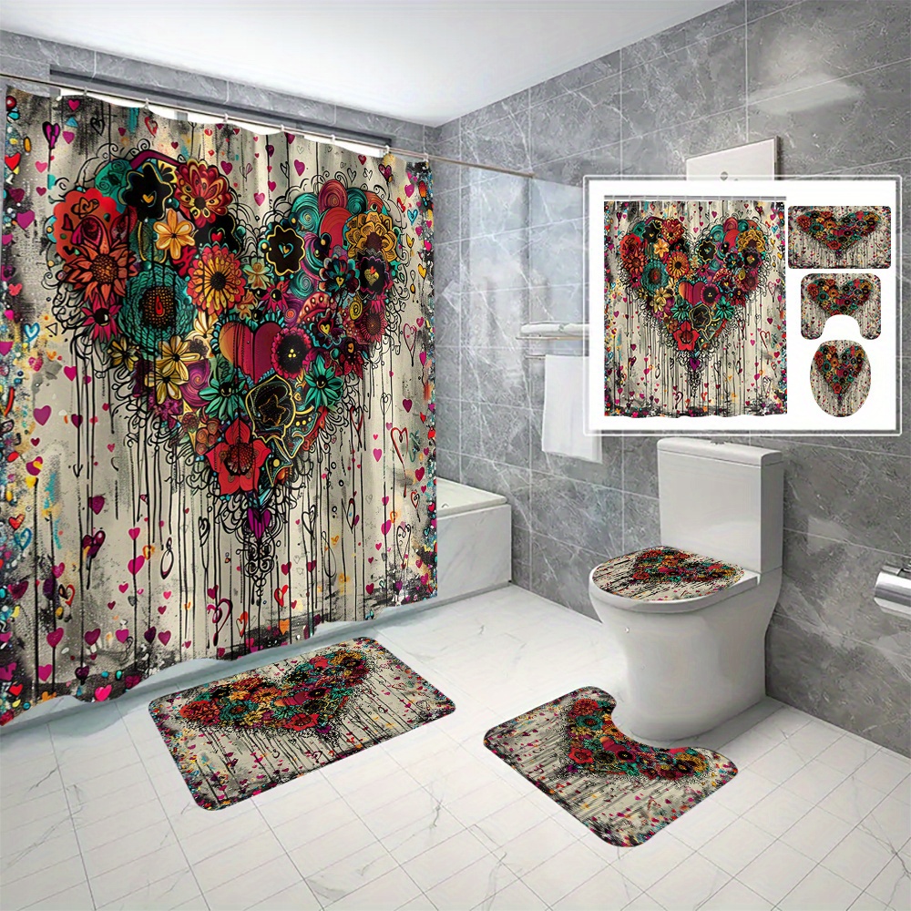 

4pcs Love Flower Printed Shower Curtain Set With 12 Hooks, Decorative Partition Curtain, Toilet Cover Mat, Bathroom Non-slip Mat, U-shape Carpet, Bathroom Accessories