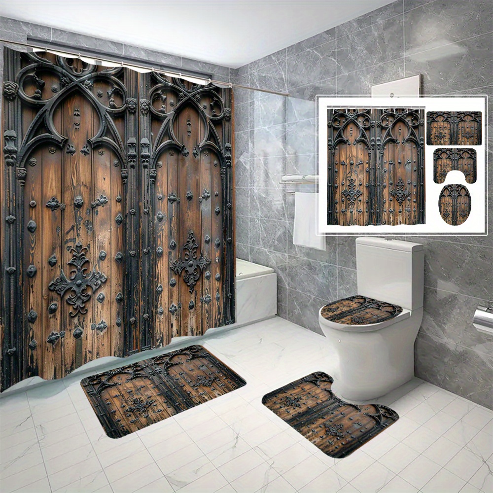

4pcs Wooden Door Pattern Bathroom Set, Shower Curtain With 12 Hooks & 3 Anti-slip Mats, Toilet Cover, Absorbent Bath Rug, Bathroom Accessories, Home Decor