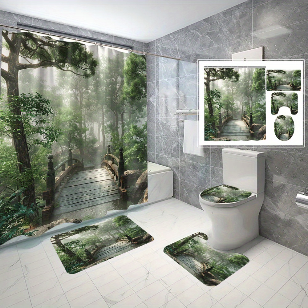 

4pcs Green Forest Pathway Printed Shower Curtain Set With 12 Hooks, Decorative Partition Curtain, Toilet Cover Mat, Bathroom Non-slip Mat, U-shape Carpet, Bathroom Accessories