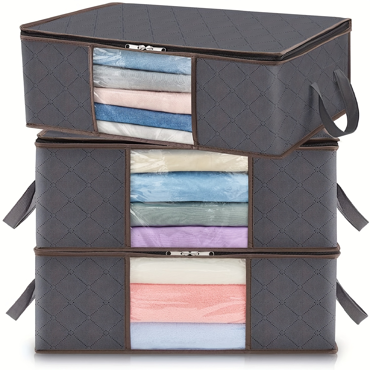 

3pcs Sturdy Foldable Storage Bag With Transparent Windows And Reinforced Handles, Making It Easy To Organize Closets And Winter Clothing