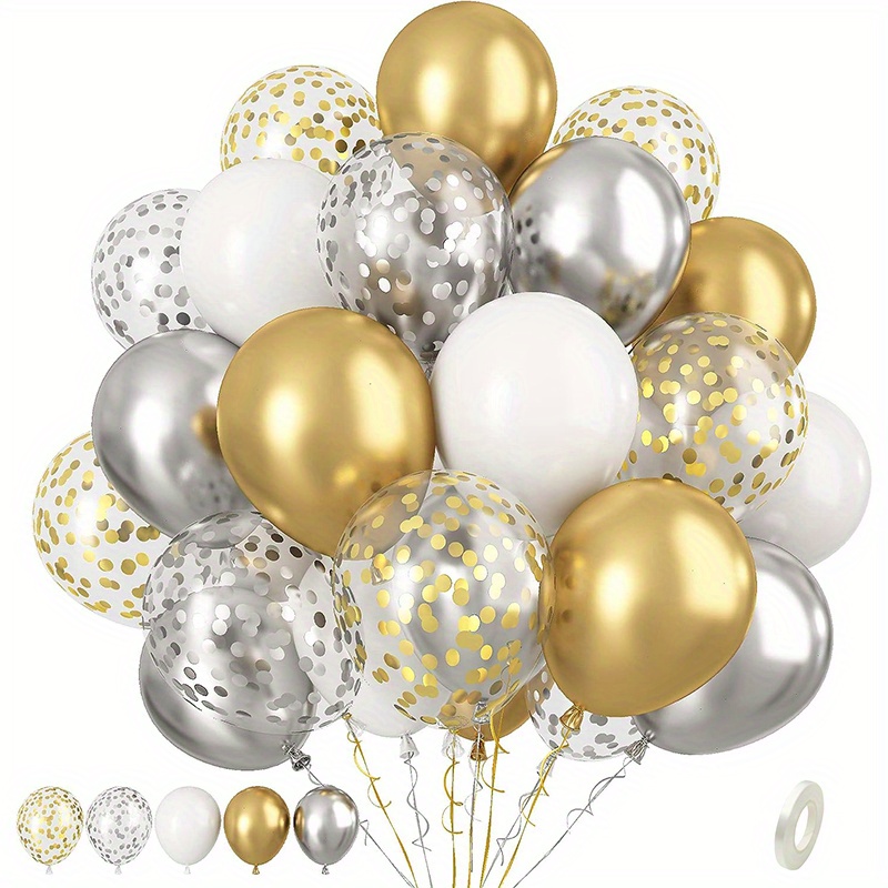 

30pcs Golden And Silver Latex Balloons, 12 Inch Metallic Golden Silver And White Confetti Balloons For Birthday Shower Engagement Anniversary Wedding Bridal Shower Graduation Decoration
