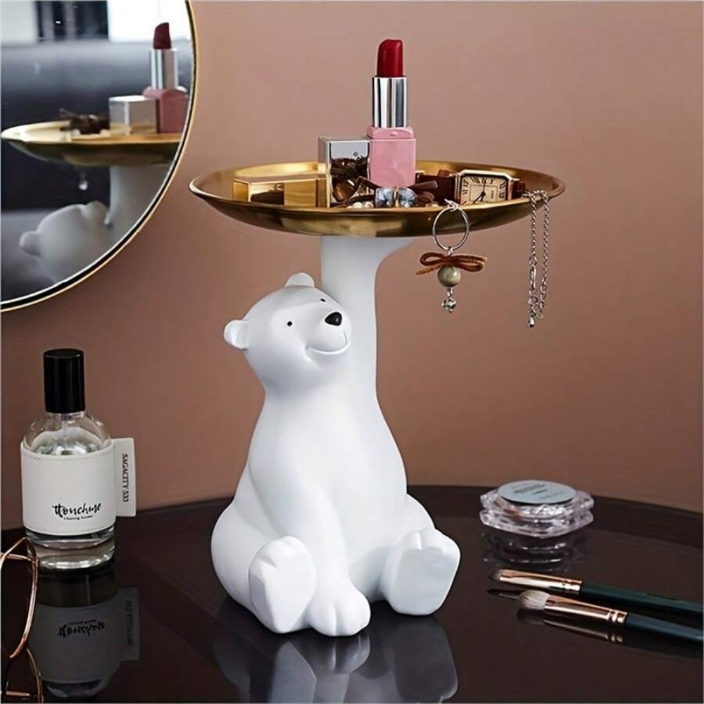 

Charming White Polar Bear Resin Figurine With Storage Tray - Decorative Animal Sculpture For Home & Office, Perfect For Keys, Snacks, Fruit | Artistic Desktop Accessory