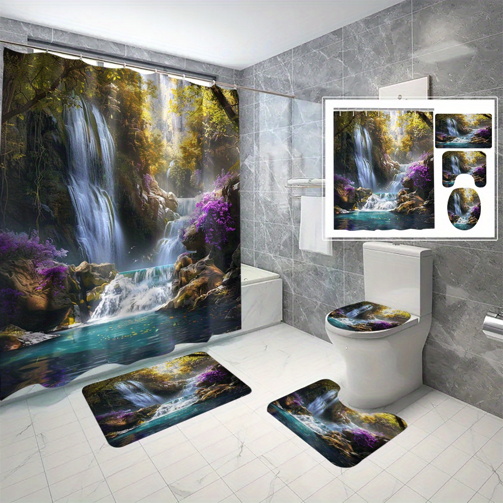 

4pcs Waterfall Pattern Bathroom Set, Waterproof Shower Curtain With 12 Hooks & 3 Anti-slip Mats, Toilet Cover, Absorbent Bath Rug, Bathroom Accessories, Home Decor