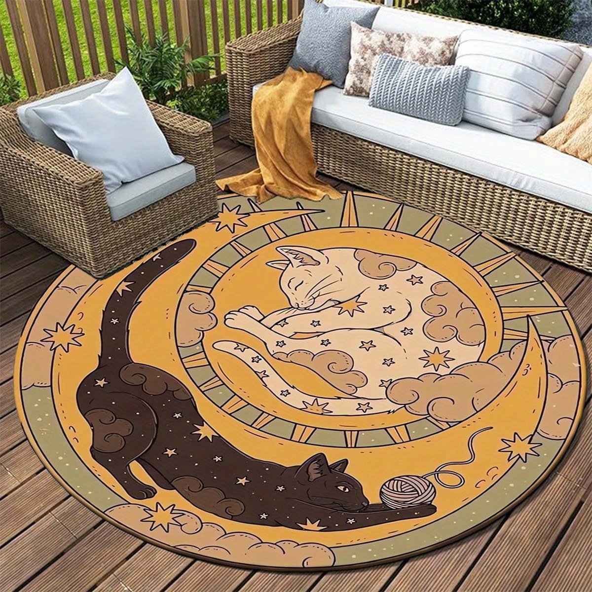 

Sun Moon Cat Pattern Round Area Rug - Polyester, Non-slip Washable Carpet, Non-shedding Mat For Bedroom, Living Room, Office