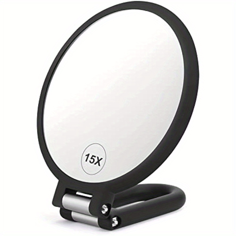 

15x Magnifying Mirror With 1x Normal View, Double-sided Handheld & Standing, Travel-friendly Folding Handle, 360-degree Adjustable Rotation, Portable For Makeup & Vanity Use
