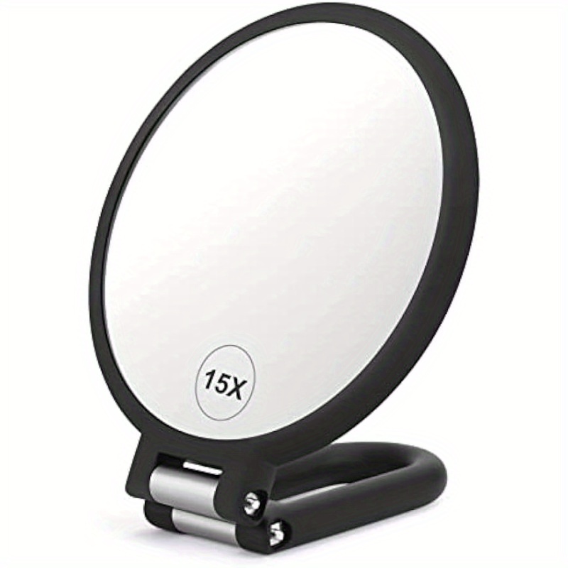 

15x Magnifying Mirror With 1x Normal View, Double-sided Handheld & Standing, Travel-friendly Folding Handle, 360-degree Adjustable , Portable For Makeup & Vanity Use