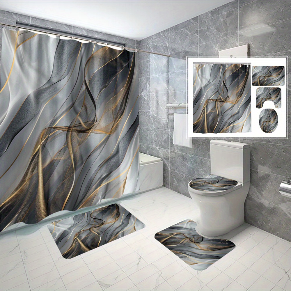 

4pcs Abstract Stripe Printed Shower Curtain Set With 12 Hooks, Decorative Partition Curtain, Toilet Cover Mat, Bathroom Non-slip Mat, U-shape Carpet, Bathroom Accessories