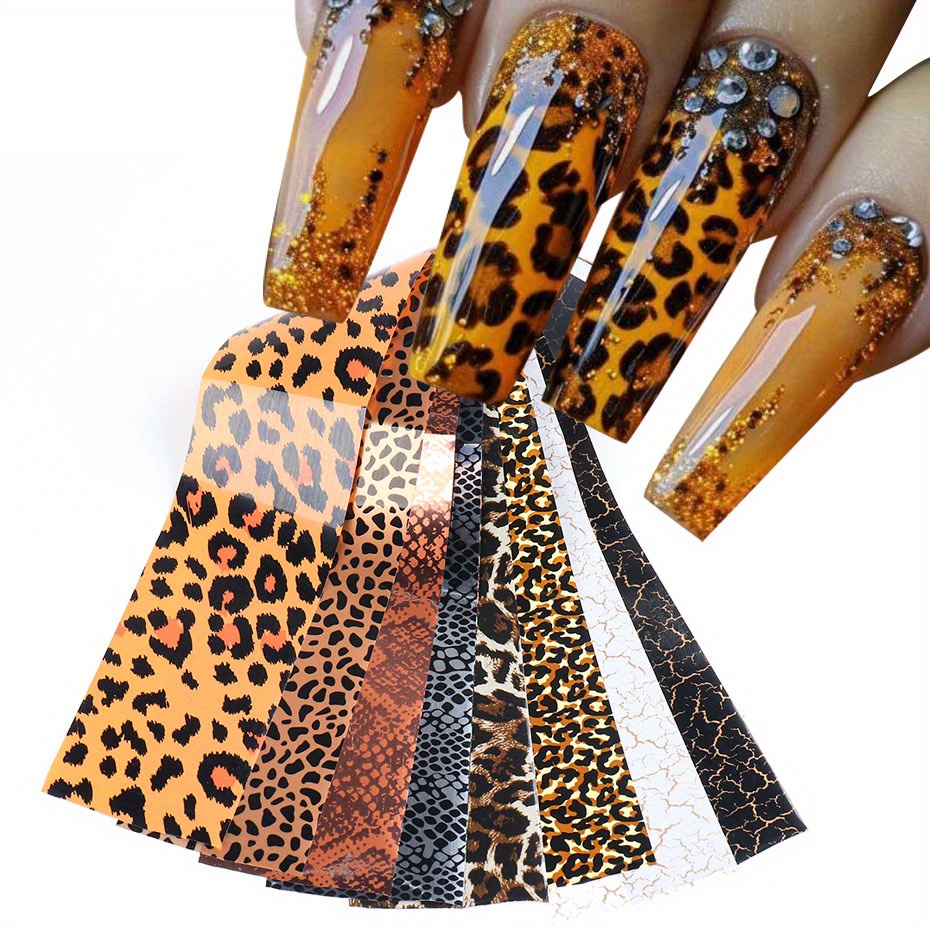 

10pcs Leopard & Snake Print Nail Foil Transfer Stickers - Sparkling Animal Designs For Diy Manicure, Gel Polish Decals