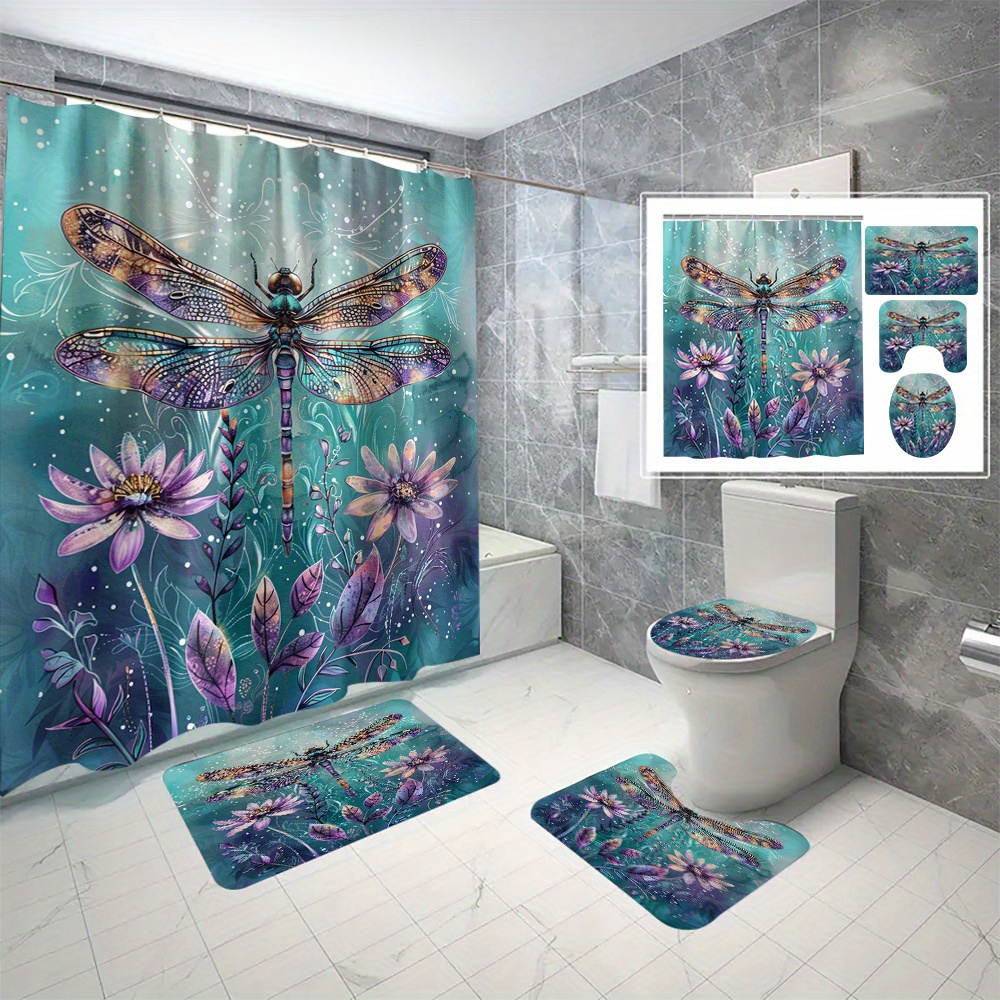 

4pcs Dragonfly Floral Printed Shower Curtain Set With 12 Hooks, Decorative Partition Curtain, Toilet Cover Mat, Bathroom Non-slip Mat, U-shape Carpet, Bathroom Accessories