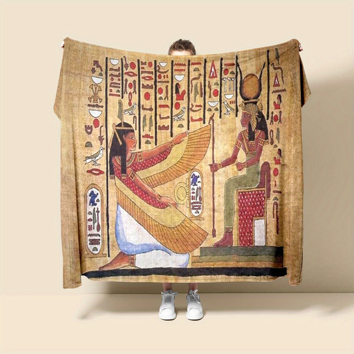 

Vintage Egyptian Queen Art Pattern Blanket - Isis And Nafuti Inspired, Soft Polyester, Perfect For All Seasons