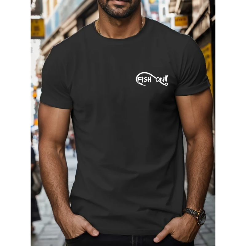 

Men's Casual Short Sleeve, Stylish T-shirt With "fish On" Trendy Print, Summer Fashion Top, Crew Neck Tee-shirt For Male