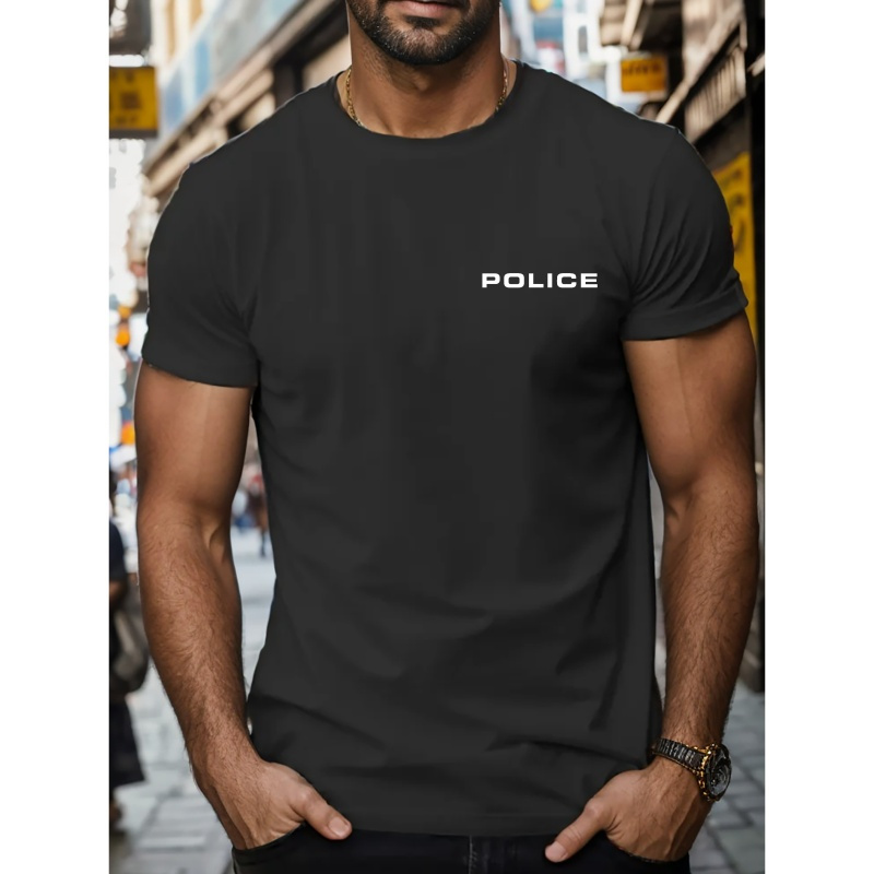 

Hommes Décontracté Manches Courtes, T-Shirt Élégant Avec Imprimé Tendance "Police", Haut De Mode Été, T-Shirt Col Rond Pour Homme