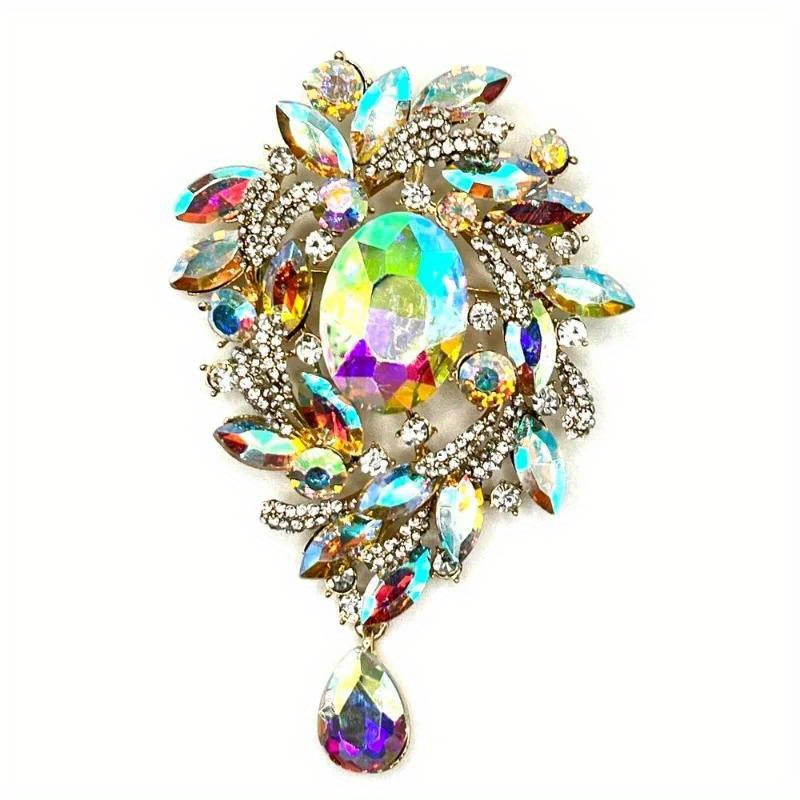 TEMU Pins de moda brillantes de vidrio con diamantes de para del pecho, gemas exageradas para abrigos, adornos fantásticos de goteo de agua para el