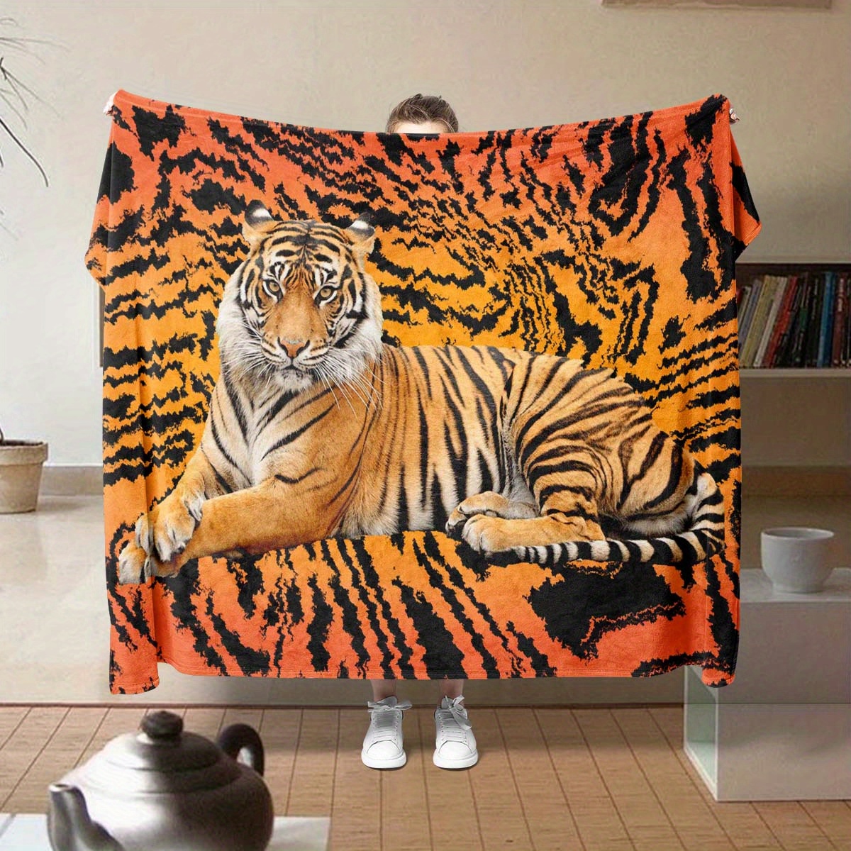 

3d Tiger Print Office Chair Blanket, All-season Polyester Throw, 100% Polyester Lightweight Tiger Pattern Shawl For Indoor Use