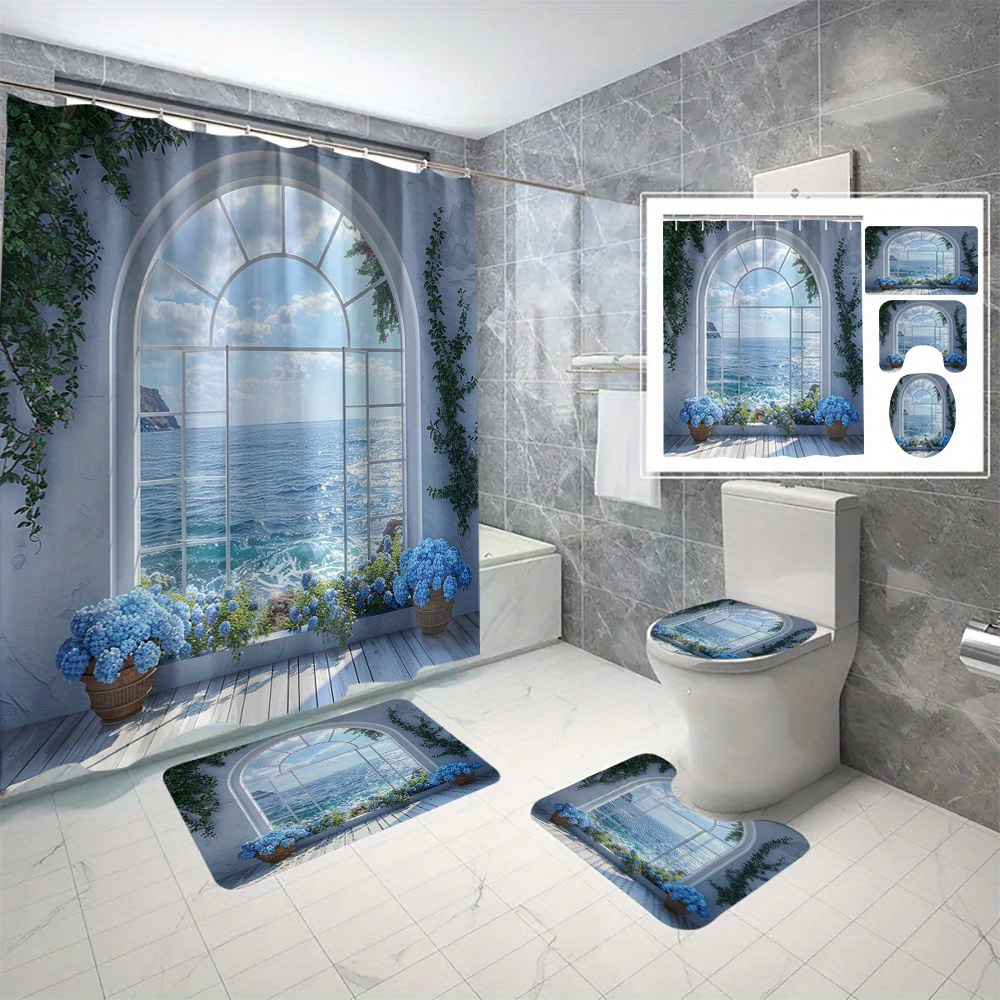 

4pcs Seaside Landscape Printed Shower Curtain Set With 12 Hooks, Decorative Partition Curtain, Toilet Cover Mat, Bathroom Anti-slip Mat, U-shape Carpet, Bathroom Accessories