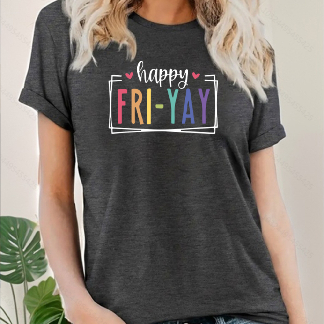 

Happy & Heart Print T-shirt, Short Sleeve Crew Neck Casual Top For Summer And Spring, Women's Clothing