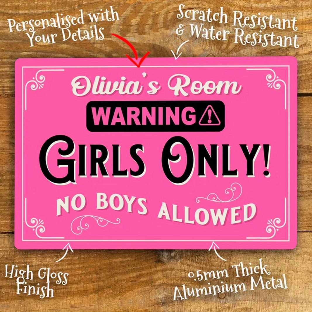 

Personalized Aluminum Metal Wall Decor Sign - Girls Only Bedroom Door Plaque With Custom Name Text, Pink No Boys Allowed Warning Retro Art, 8x12 Inch