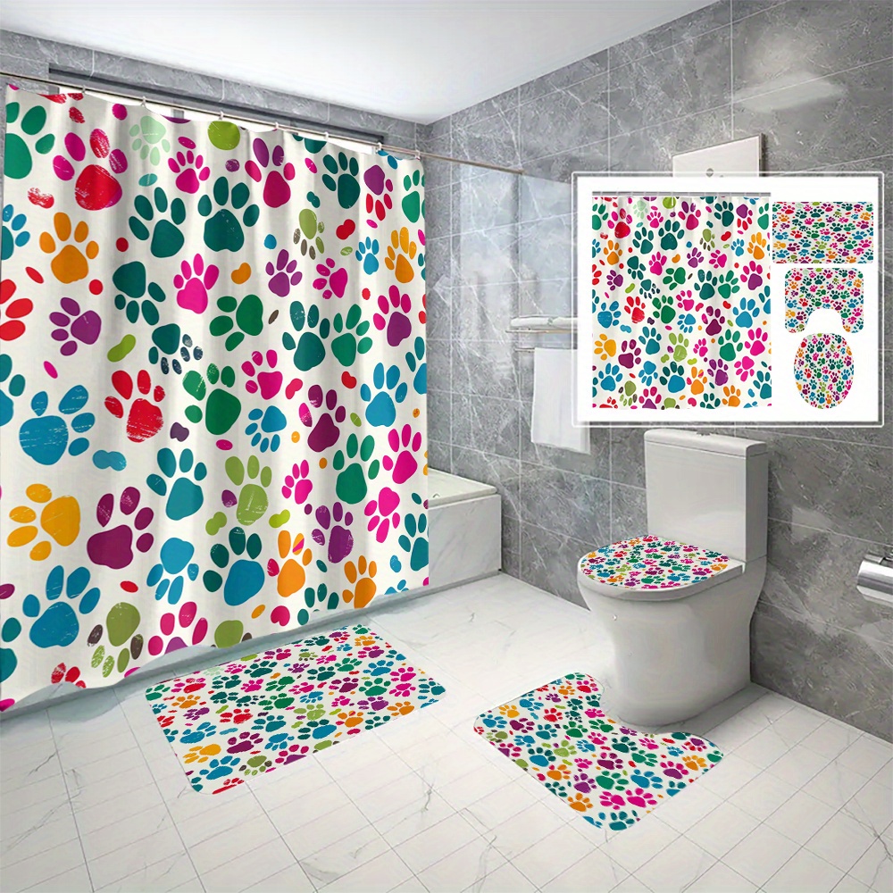 

4pcs Colorful Animal Paw Printed Shower Curtain Set With 12 Hooks, Decorative Partition Curtain, Toilet Cover Mat, Bathroom Non-slip Mat, U-shape Carpet, Bathroom Accessories