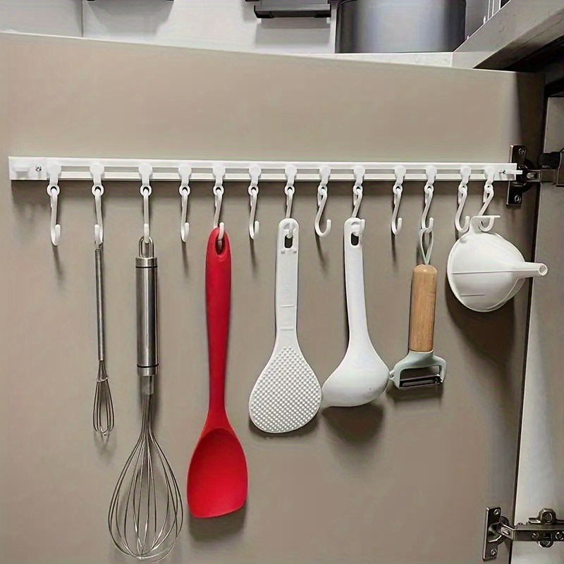 

1pc Kitchen Storage Rack With Sliding Hooks - Adhesive Backing, No Drilling Required - Organize Your Kitchen With Ease