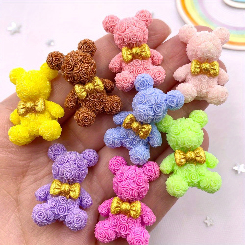 

8pcs Mixed Colorful Resin Kawaii Bow Rose Bear Figurines Flat Back Stone Scrapbook Decor Ornament Crafts Keyring Accessories Diy Jewelry Making Supplies