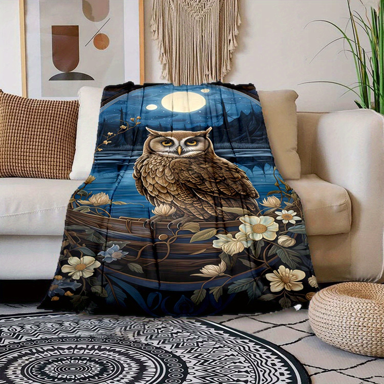 

Polyester Owl Print Multipurpose Blanket - Soft Warm Decorative Throw For Couch, Sofa, Bed, Office, And Travel - Large All-season Gift Blanket With Nature And Night Sky Design