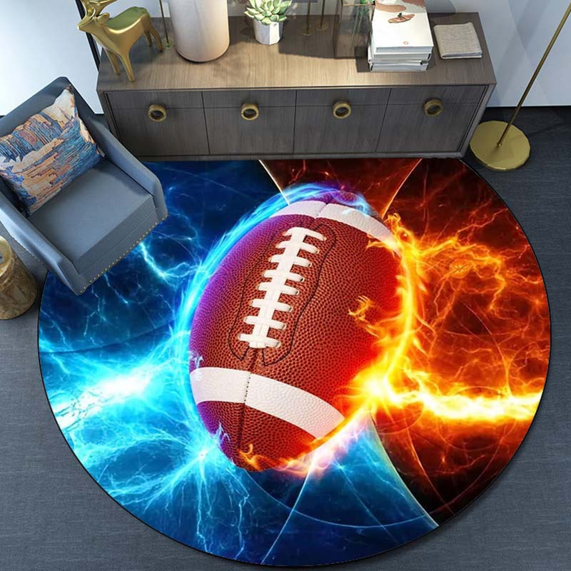 

3d Fire And Water American Football Round Area Rug - Non-slip Polyester Floor Mat For Living Room, Bedroom, Game Play - 800g/m2 Crystal Velvet Chair Mat