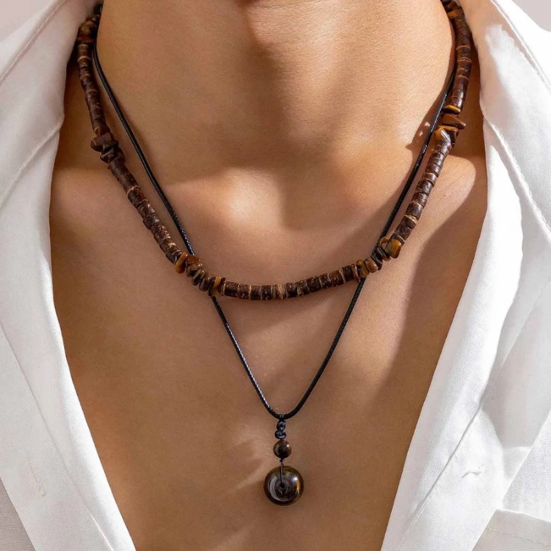

2pcs/set Men's Natural Stone Pendant Necklace, Retro Wood Bead Necklace