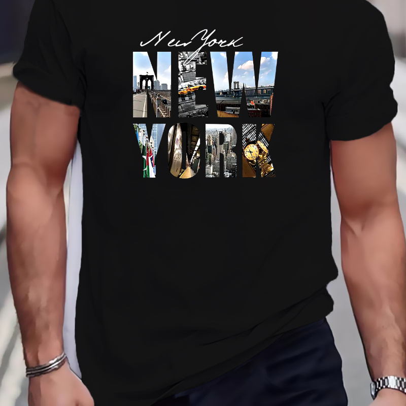 

Plus Size Men's "new York" Graphic Print T-shirt, Summer Trendy Casual Short Sleeve Tees, Big & Tall Males, Outdoor Sports