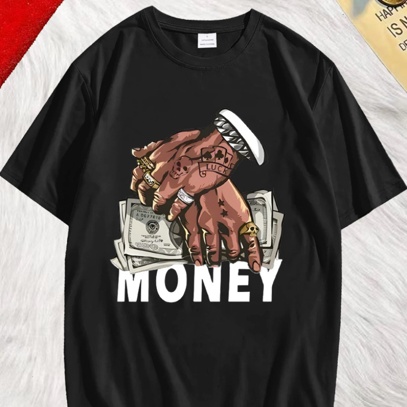 

Money Print T-shirt, Tees For Men, Breathable Street Trendy Fashion, Comfortable Round Neck T-shirt, Casual Short Sleeve T-shirt For Summer