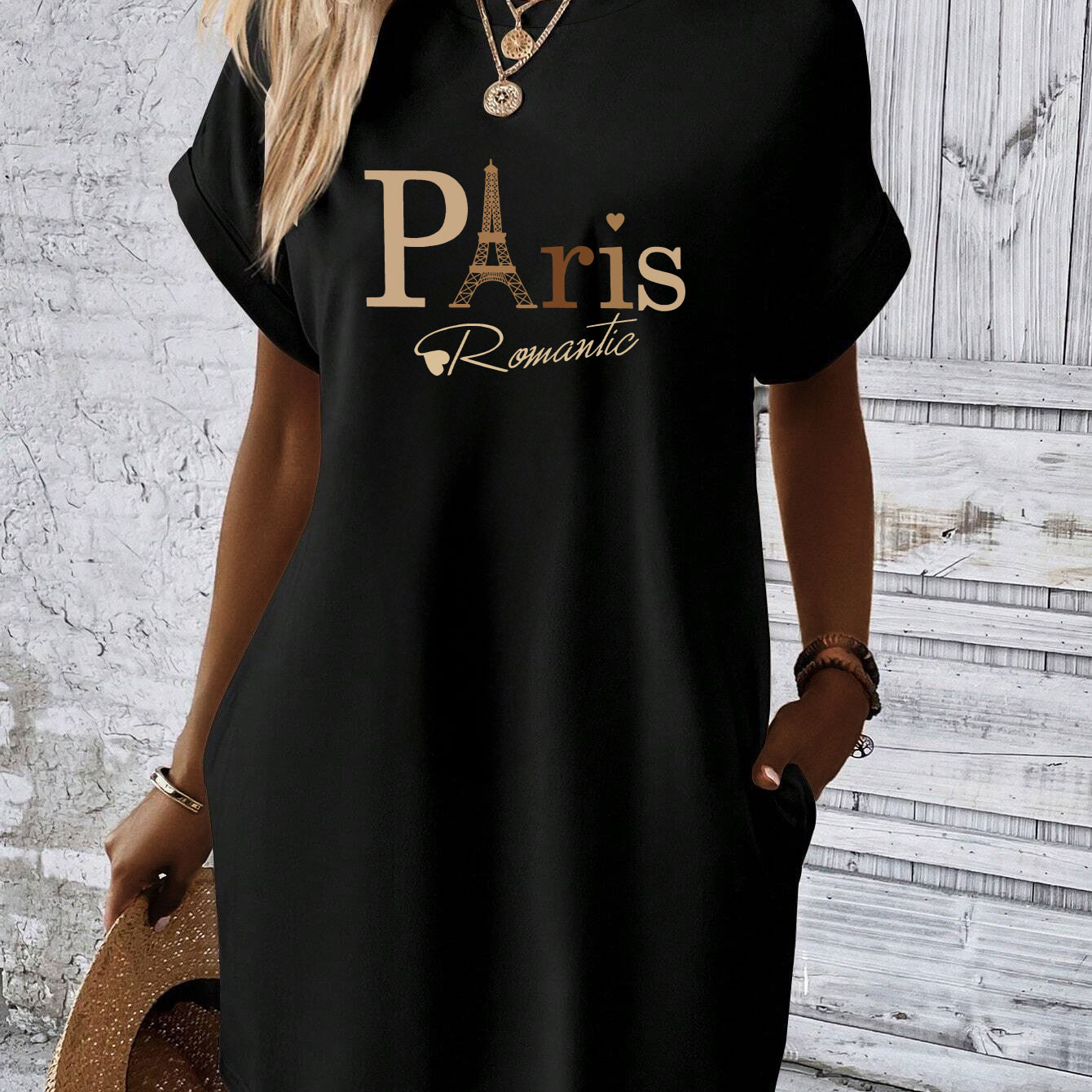 

Paris Romantic Print Tee Dress, Short Sleeve Crew Neck Casual Dress For Summer & Spring, Women's Clothing