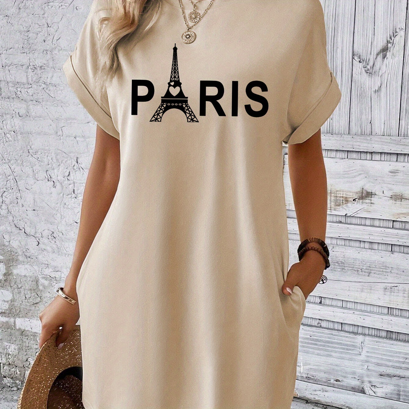 

Paris Print Tee Dress, Short Sleeve Crew Neck Casual Dress For Summer & Spring, Women's Clothing