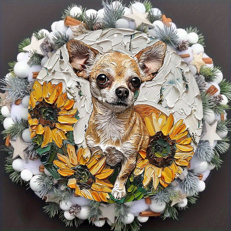 

1pc 8x8inch Aluminum Metal Sign With 2d Flat Chihuahua & Sunflower Wreath Design, Waterproof, Weather Resistant For Dorm Decor, Valentine's Gift, Pet Lovers - Xb407