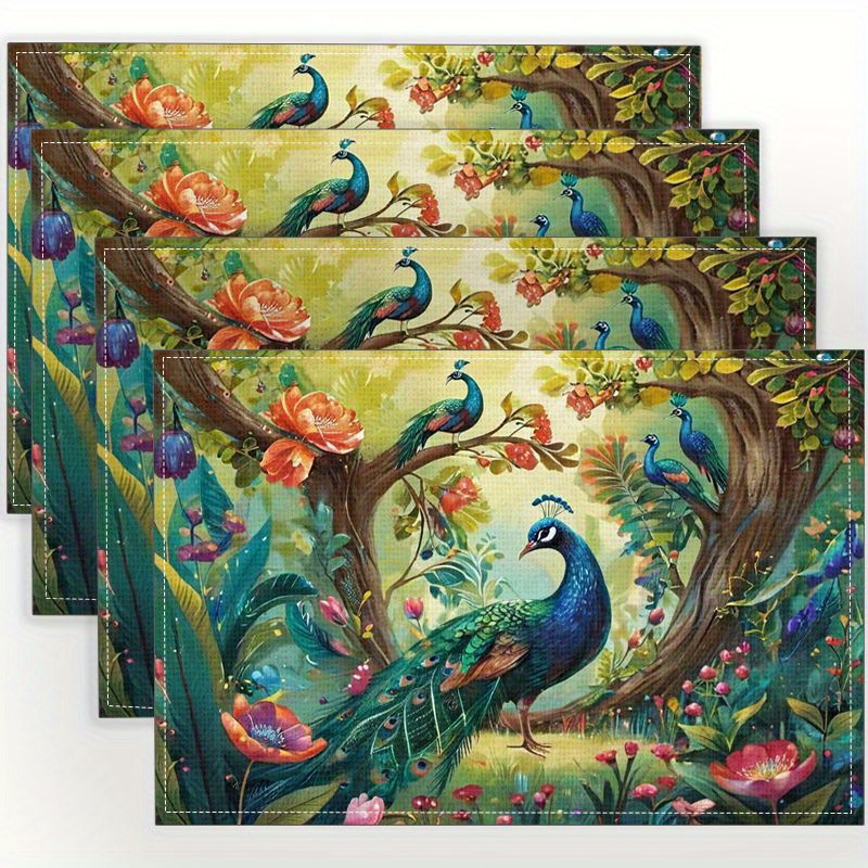 

4-piece Set Peacock Print Linen Placemats - Non-slip, Heat-resistant, Machine Washable - Perfect For Dining & Kitchen