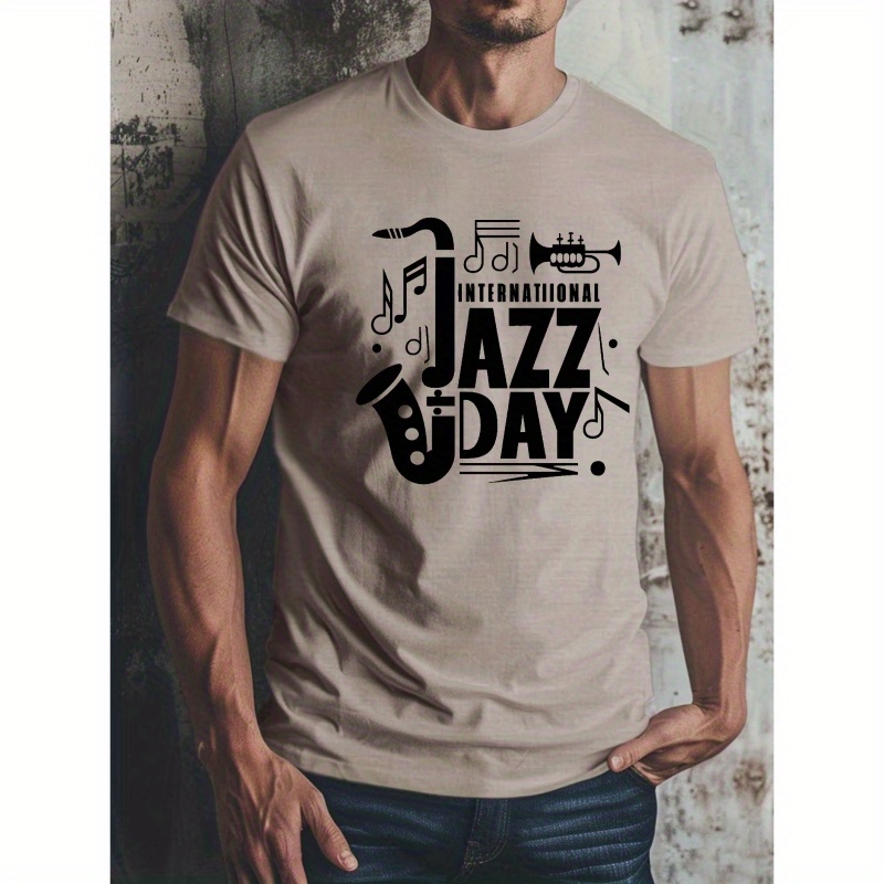 

International Jazz Day Print Tee Shirt, Tees For Men, Casual Short Sleeve T-shirt For Summer