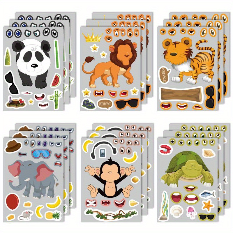 

12pcs Cartoon Animal Diy Cartoon Stickers, Birthday Party Decorations