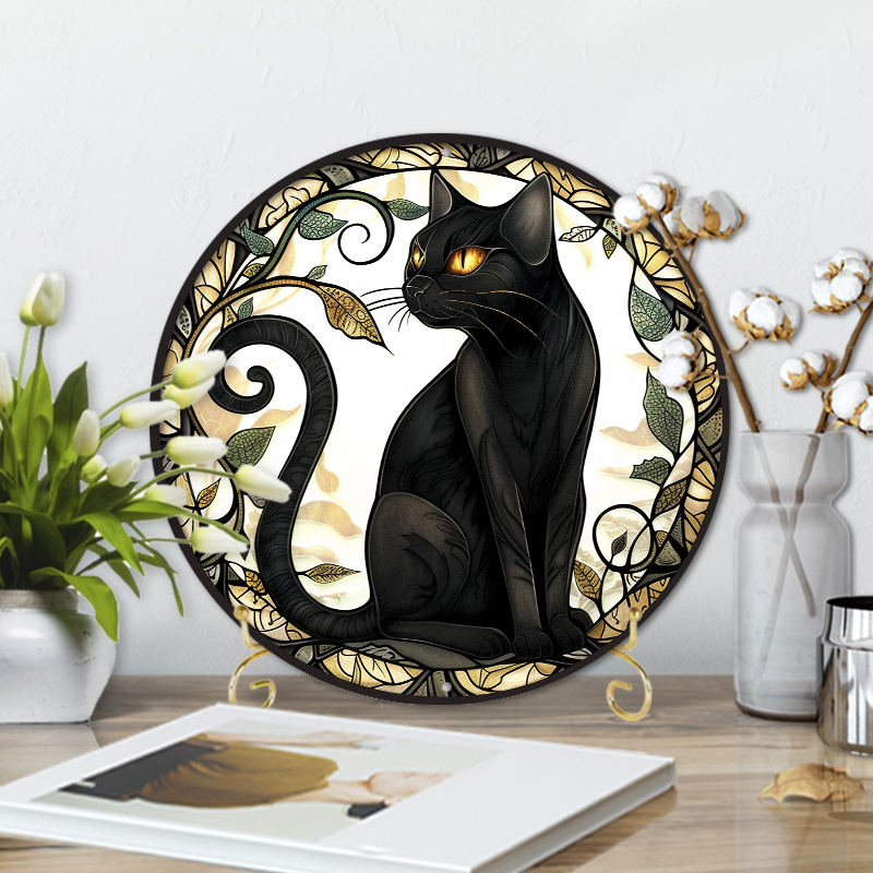 

Charming 8x8" Black Cat Wreath Sign - Stained Glass Style, Durable Aluminum, Scratch & Flame Resistant, Easy-hang For Home, Coffee Shops & Restaurants