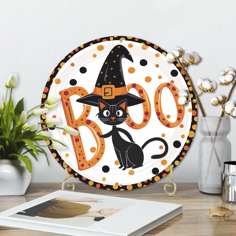 

Charming 8x8" Boo-themed Aluminum Sign With Black Cat & Hat Design - Scratch & Flame Resistant, Easy To Hang - Perfect For Home & Coffee Shop Decor