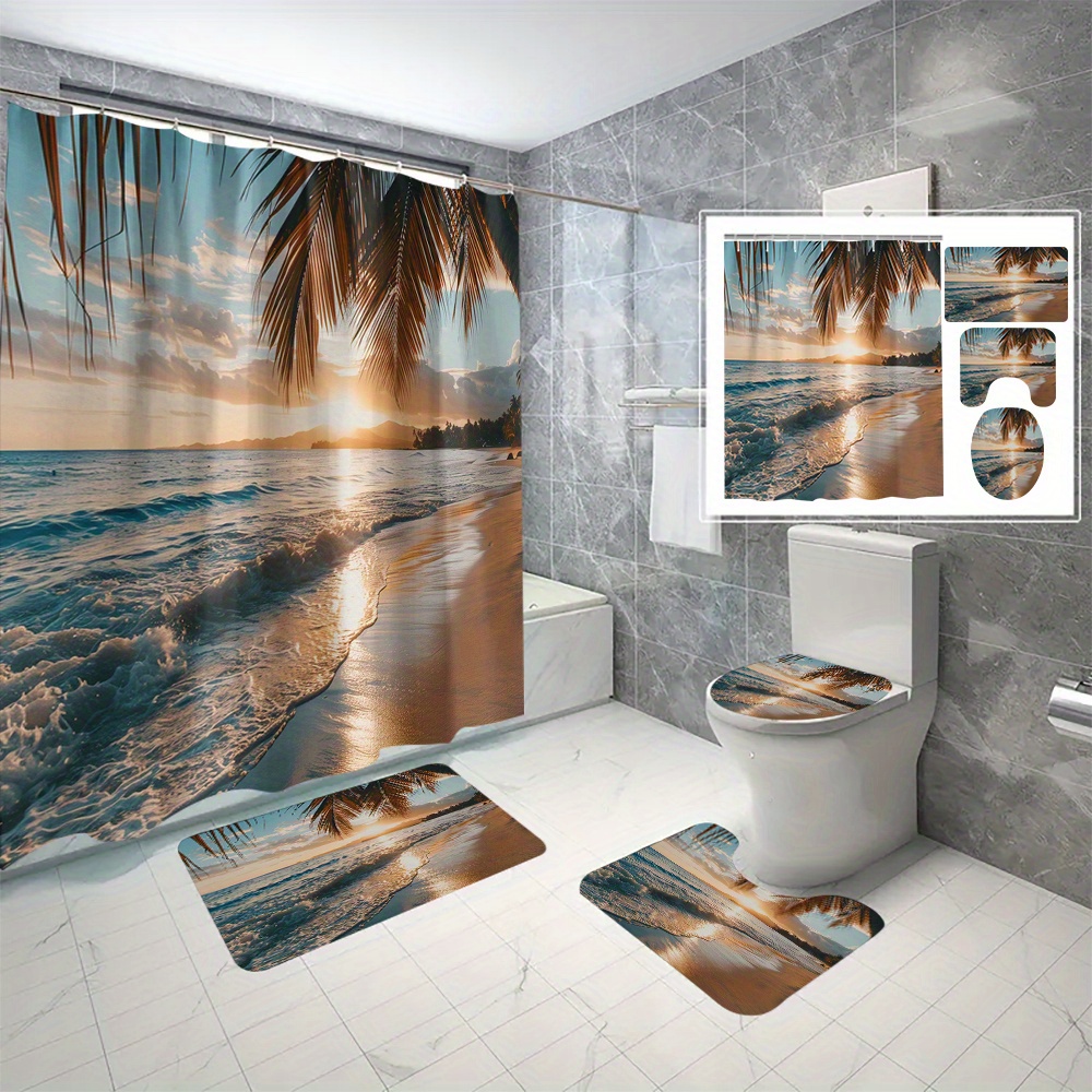 

4pcs Beach Dusk Pattern Shower Curtain Set, Shower Curtain With 12 Hooks, Non-slip Bath Mat, U-shaped Toilet Mat, Toilet Mat, Bathroom Accessories, Home Decor