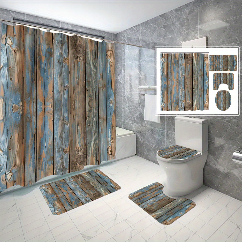 

4pcs Wood Grain Board Pattern Bathroom Set, Shower Curtain With 12 Hooks & 3 Anti-slip Mats, Toilet Cover, Absorbent Bath Rug, Bathroom Accessories, Home Decor