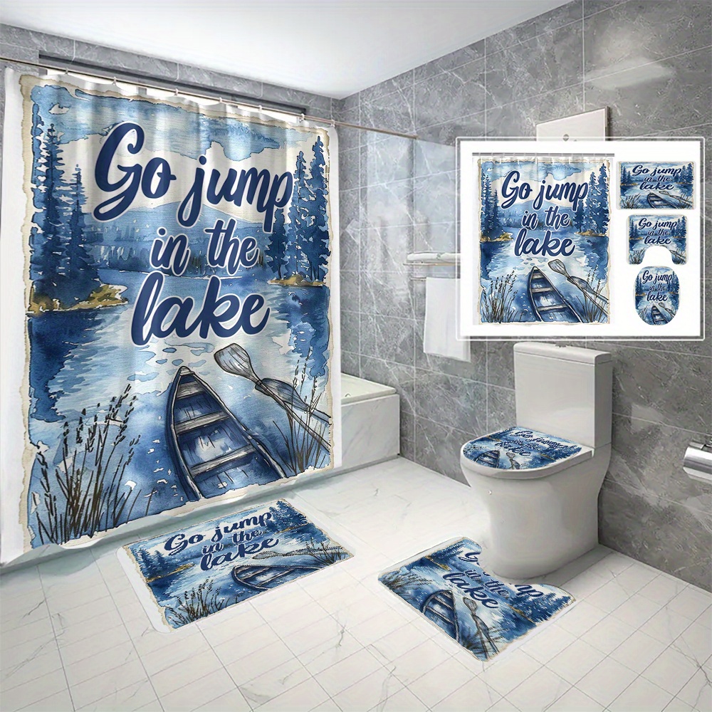 

4cpcs/set Lake Scene Shower Curtain Set, Waterproof And Mildew Resistant, 3d Digital Print Boat And Lake Design, Bathroom Decor With C-type Hooks And Matching Mats