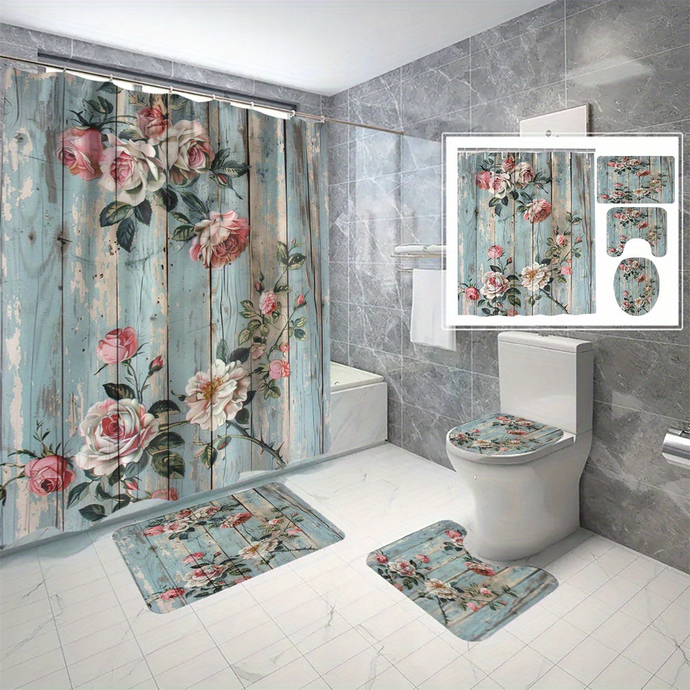 

4pcs Flower Printed Shower Curtain Set With 12 Hooks, Decorative Partition Curtain, Toilet Cover Mat, Bathroom Non-slip Mat, U-shape Carpet, Bathroom Accessories