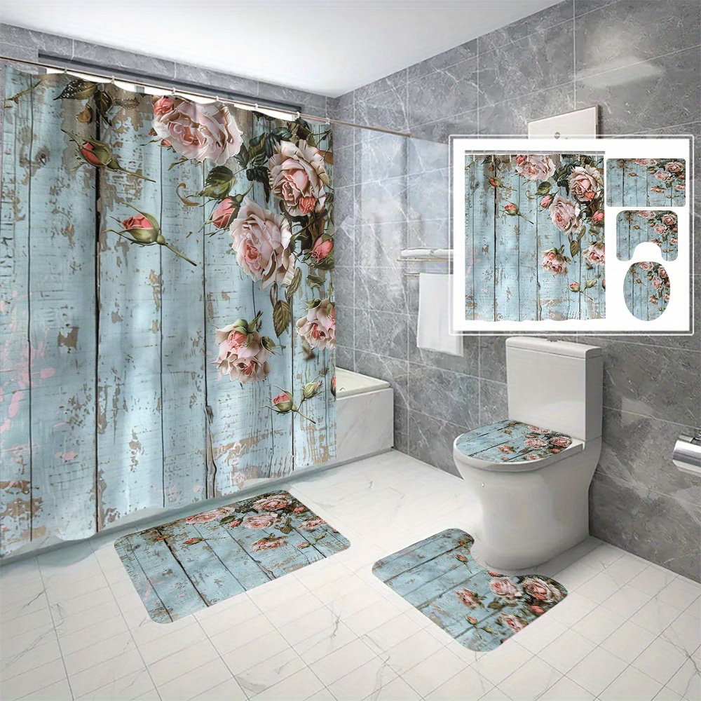 

4pcs Flower Wooden Panel Pattern Bathroom Set, Waterproof Shower Curtain With 12 Hooks & 3 Anti-slip Mats, Toilet Cover, Absorbent Bath Rug, Bathroom Accessories, Home Decor
