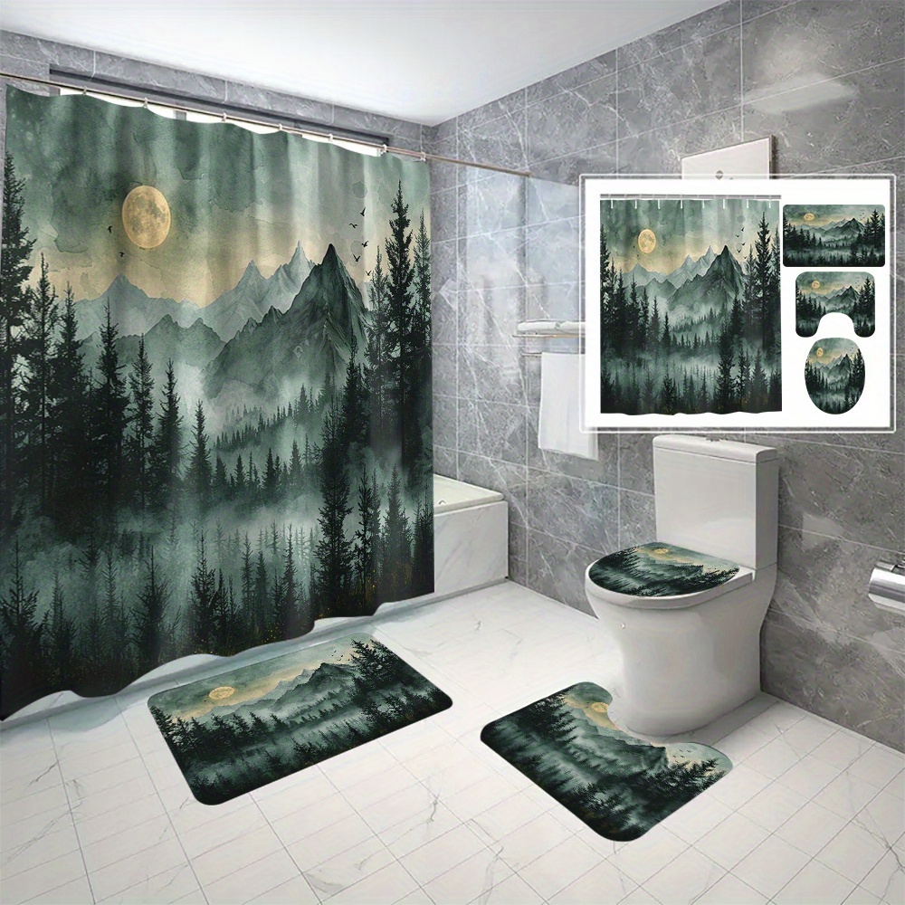 

4pcs/set Mountains Waterproof Bathroom Curtain Set, 3d Printed Anti-mildew Shower Curtains With Non-slip Rugs, Toilet Lid Cover, And Bath Mat, With C-type Hooks For Easy Installation