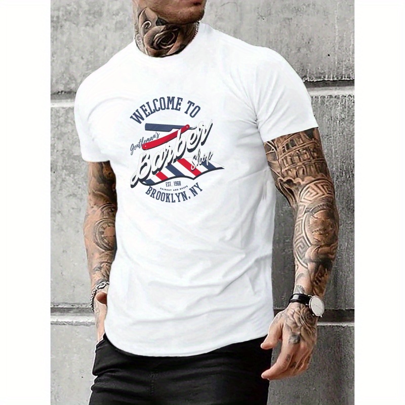 

Men's Casual Tee, Comfort Fit Short Sleeve With " Welcome To Barber Shop" Letter Print, Summer Trendy Tops Stylish T-shirt
