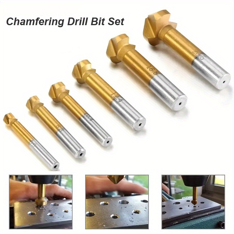 

6pcs Titanium-coated Hss Chamfering Drill Bit Set, 3 Flute 90 Degree Countersink End Mills, 6.3mm-20.5mm - Ideal For Metal, Wood, Aluminum & Stainless Steel Deburring