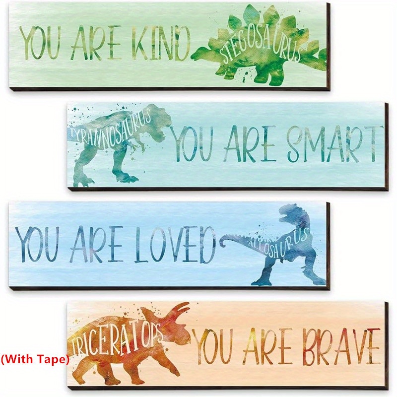 

Dinosaur Wooden Wall Art Signs Set Of 4 - Watercolor Style Vivid Dinosaur Patterns With Inspirational Quotes, 11.7 X 3.9 Inch Kids Room Decor With Tape, Kind, Smart, Loved, Brave - Wood Material