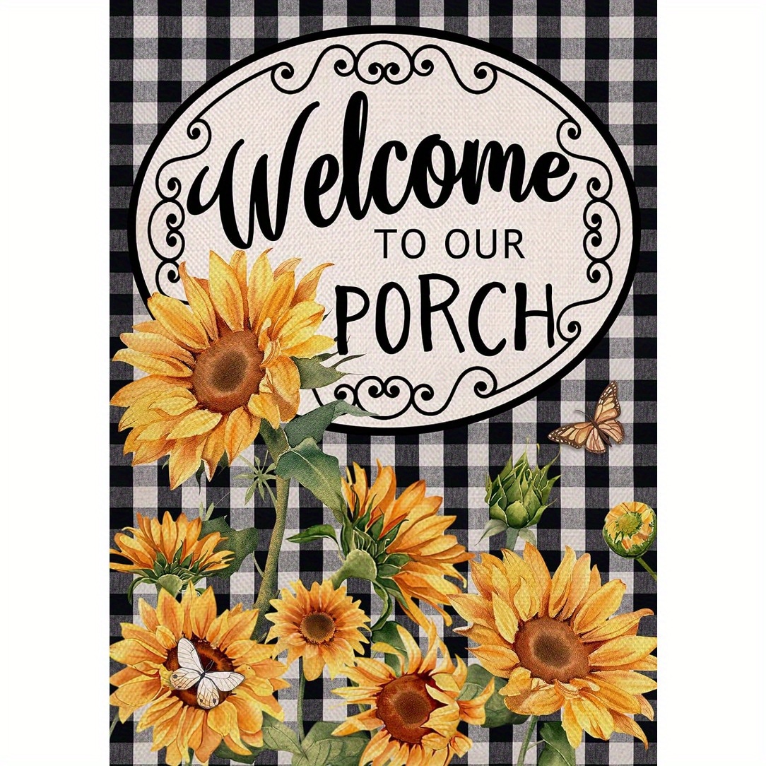 

1pc Home Decorative Welcome To Our Porch Spring Summer Sunflower Garden Flag, Black White Buffalo Plaid Check Yard Outside Decoration, Fall Autumn Farmhouse Outdoor Small Decor 12*18inches No Flagpole