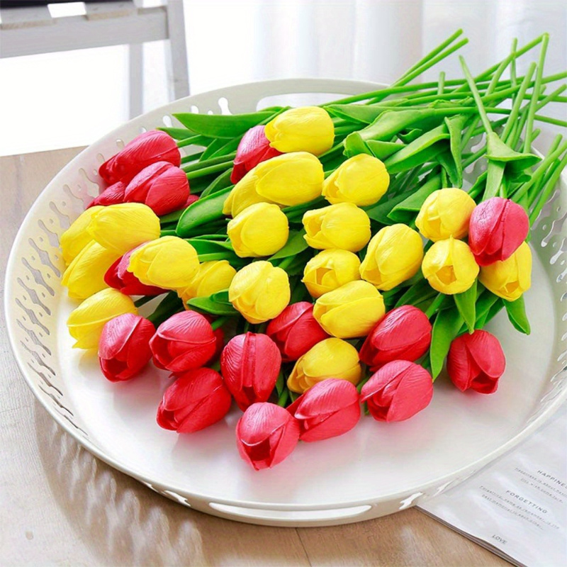 

elegant Ceremony" 10-piece Lifelike Artificial Tulips - Real Touch Faux Flowers For Wedding Bouquets, Centerpieces & Home Decor - Versatile Red/yellow/white/orange Options